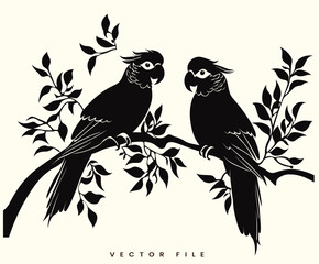 Fototapeta premium Editable Vector of Couple Parrot Bird on A Branch Silhouette