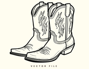 Vintage Cowboy Boot Line Art Illustration