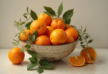 A Bowl of Oranges and Orange Slices with Leaves