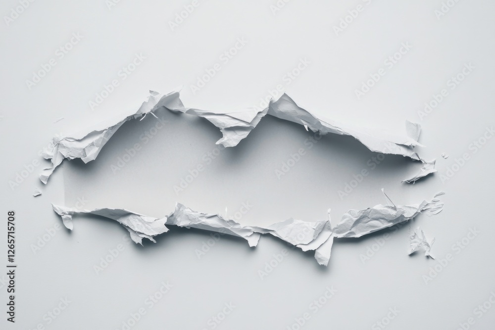 Poster a ripped fragment of paper lying on a white background, with edges curled and fibers exposed