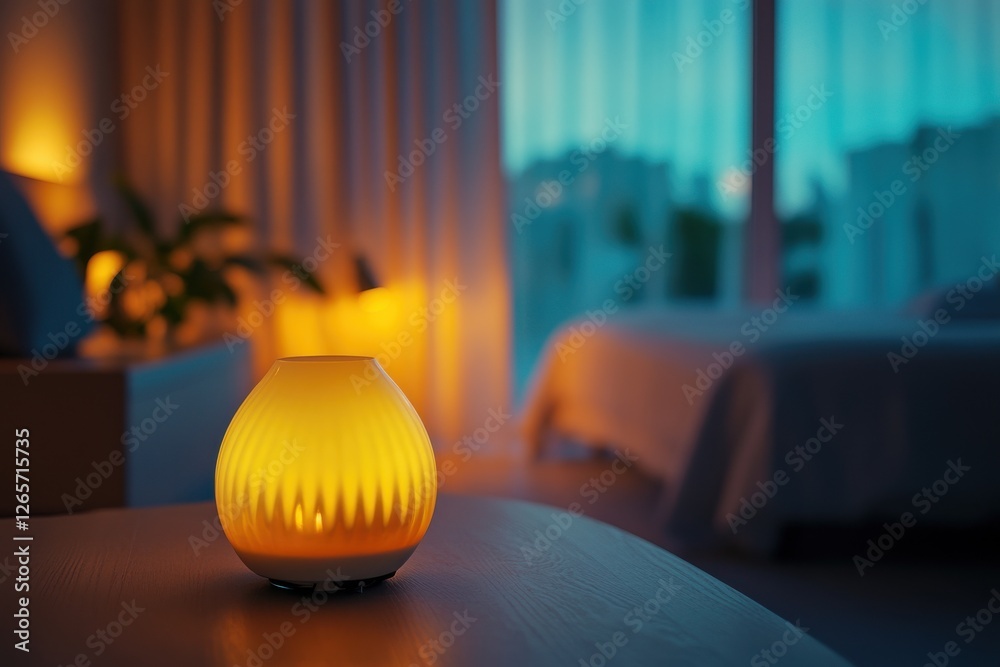 Poster soft glow of a decorative lamp in a serene bedroom at dusk, creating a calming atmosphere