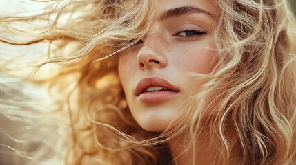 Close-up portrait of a young woman with windblown blonde hair and freckles.