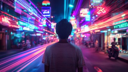Man Contemplating Vibrant City Lights at Night