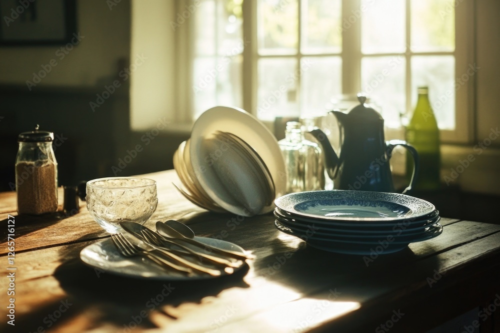 Poster a simple wooden table set with dinnerware and cutlery, ready for use