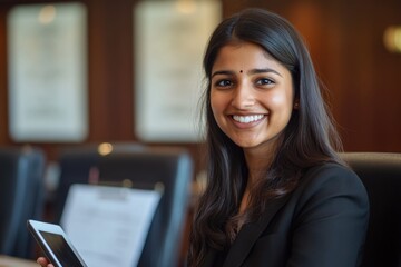 A woman sits at a table holding her cell phone, likely checking messages or browsing the internet
