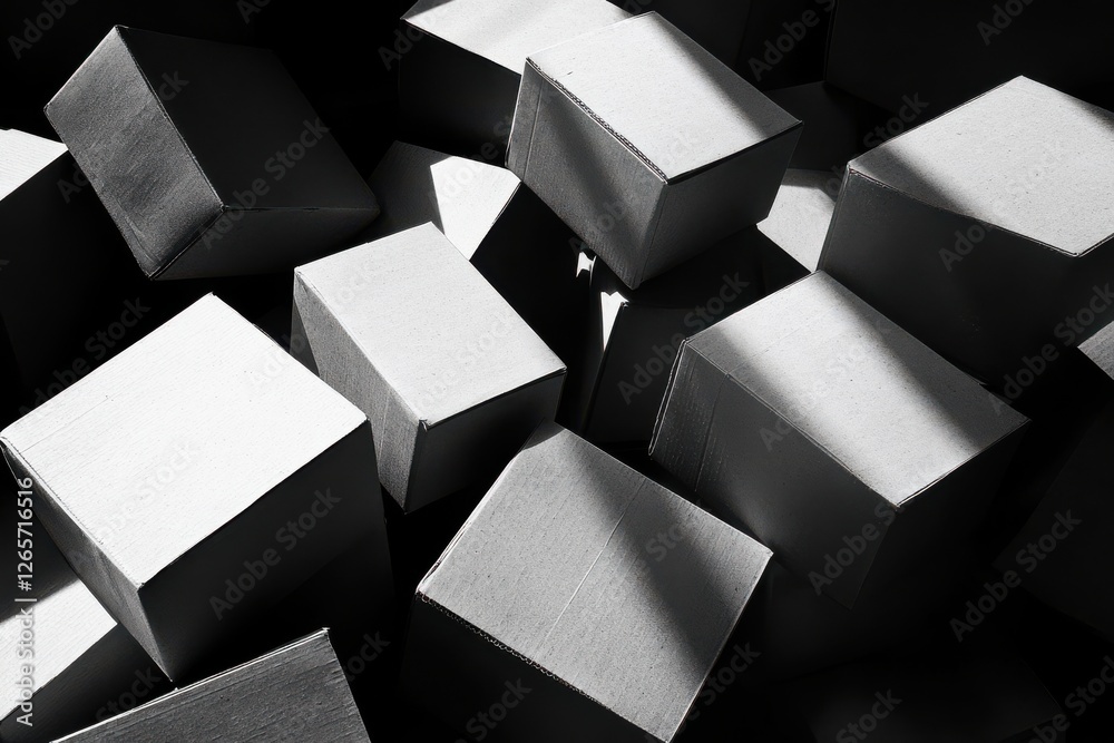 Aufkleber Collection of stacked gray boxes in varied positions under subtle light in a dark setting