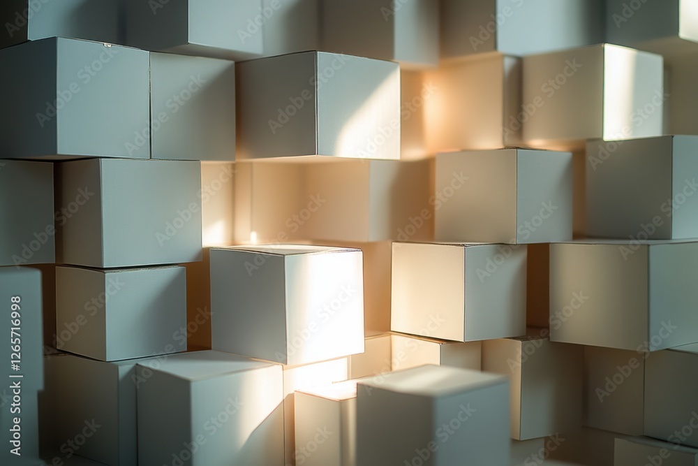 Fototapete Sunlight illuminates a cluster of geometric white cubes creating a modern artistic effect in a contemporary setting