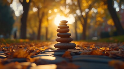 Obraz premium Autumn park stones tower zen sunlight