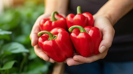 Gardener holding freshly picked, bright red bell peppers with pride, showcasing homegrown produce in sunlight