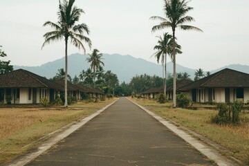 Empty road with houses and palm trees in tropical setting for real estate images