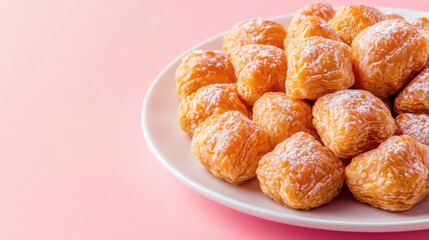 Small golden brown maamoul cookies. Dusted with powdered sugar. Are beautifully arranged on a white plate. Set against a soft pink backdrop. Creating a tempting scene for the eid al-fitr celebration. 