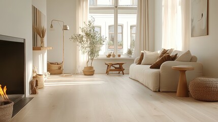 Fototapeta premium Interior living room showcases minimalist decor with light color palette