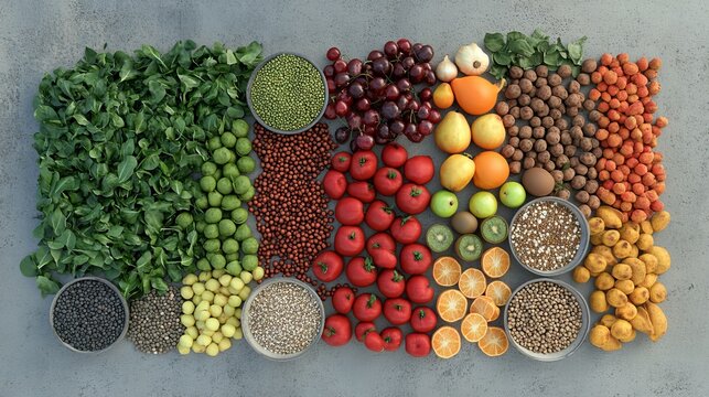 Healthy food clean eating selection: fruit, vegetable, seeds, superfood, cereal, leaf vegetable on gray concrete background