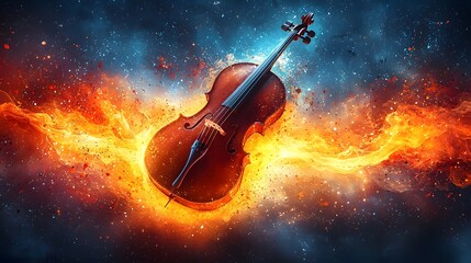 Fototapeta premium Glowing Cello Surrounded by Swirling Watercolor Splashes and Light Trails Symbolizing the Beauty of Musical Art