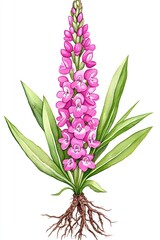 Obraz premium Detailed botanical illustration of a flowering plant showcasing an intricate root system with soft watercolor shading representing classic botanical art