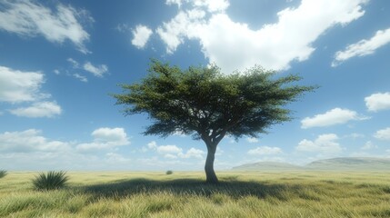 Lone tree in a sunny African savanna landscape