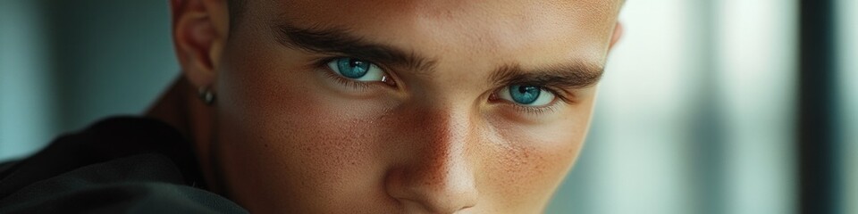 Obraz premium A close-up portrait of someone with bright blue eyes