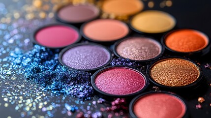 Colorful eyeshadow palettes and shimmering powders scattered across a reflective black surface, camera realism.