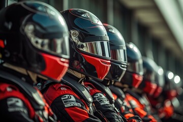 Row of racing helmets on display, perfect for motorsports or sports-related designs