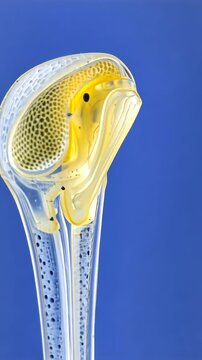 Detailed view of a transparent frog embryo showing distinct structures against a blue background