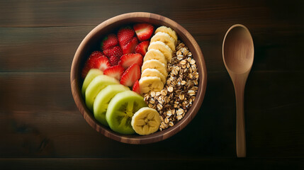 A vibrant breakfast bowl featuring fresh strawberries, kiwi, banana slices, and a heap of granola on a wooden table.