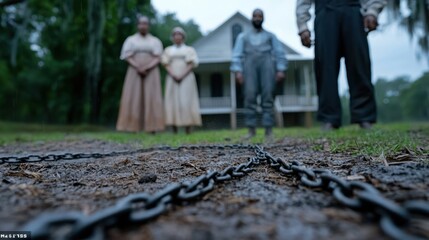 Fototapeta premium Three people standing in front of a house with chains on the ground