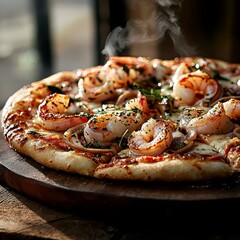 seafood pizza on a wooden table