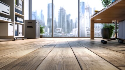 Fototapeta premium A wooden floor with a city view, perfect for interior design or architecture projects