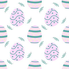 Seamless vector pattern with pastel pink and turquoise Easter eggs and leaves on a white background. Perfect for festive wrapping, fabric, or greeting cards.