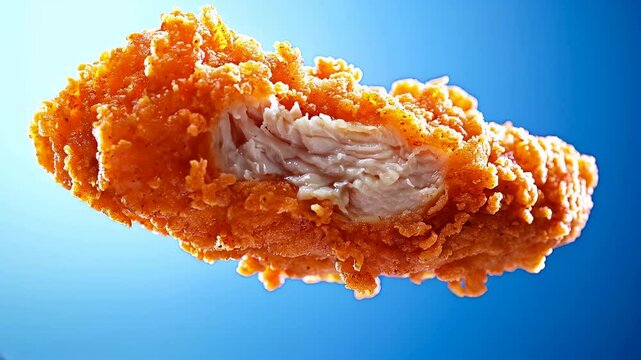 A delicious chicken nugget, with a crispy golden coating, floats in the air against a light blue gradient background. The morsel has been bitten off, revealing a chunk of juicy meat inside