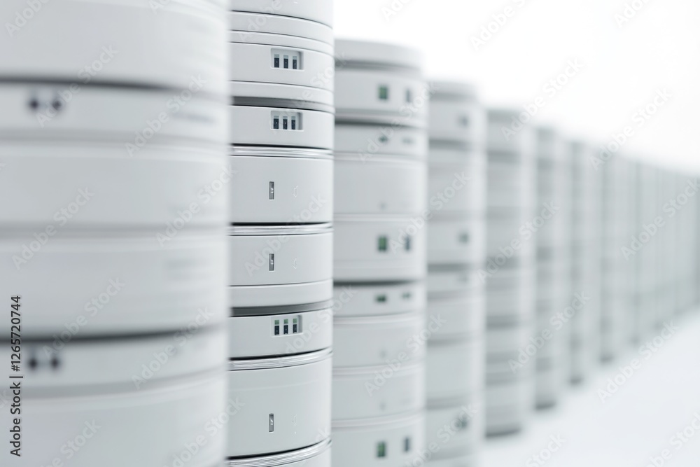Poster a row of white disk drives in a data center storage unit, often used for computer servers and networ