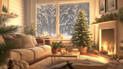 Cozy living room decorated for christmas with a snowy view