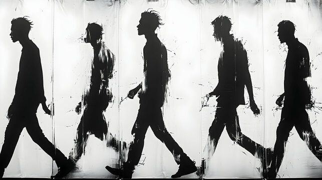 Fototapeta Silhouetted men walking, urban background, motion blur, art