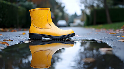 Yellow rain boot in autumn puddle, suburban street background, reflection, fall weather