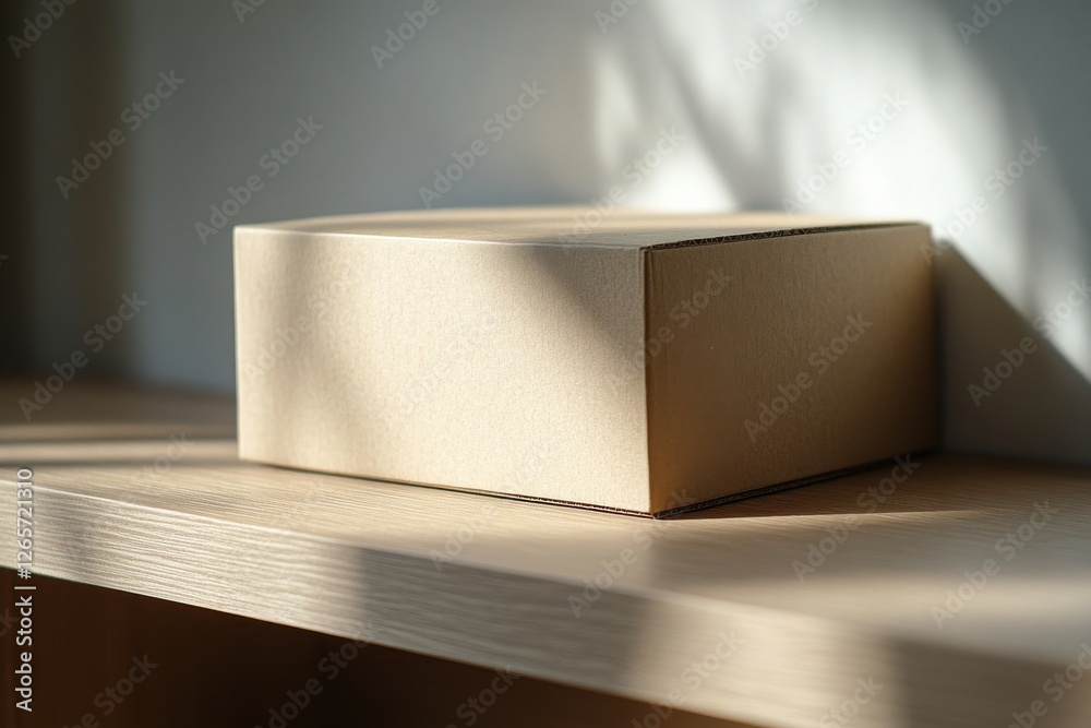 Poster Brown cardboard box sits on a wooden shelf illuminated by soft natural light in a minimalist setting