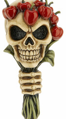 Naklejka premium Skull holding bouquet of cherries. Decorative object. Possible use for decoration