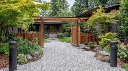 Beautiful modern house entrance with wooden gate and landscaping