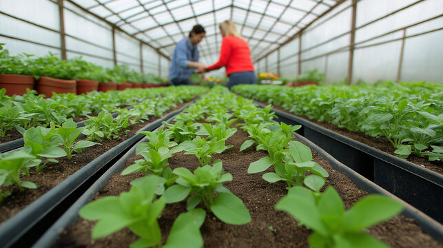 Fisheye view of small plants growing in a greenhouse, with two nursery workers taking care of them in the background - Powered by Adobe