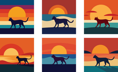 a cat walking along the shore as the sun sets behi 