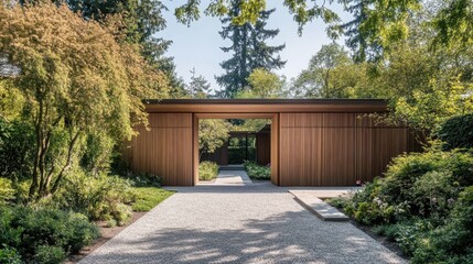 Fototapeta premium Wooden gateway entrance leads into a lush green garden