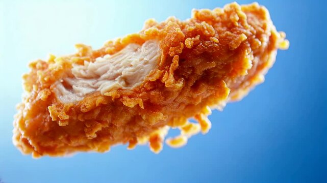 Tasty chicken nugget with crunchy golden brown coating and succulent meat inside, floating isolated on a calming light blue gradient