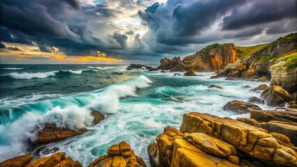 Fototapeta premium Dramatic Coastal Landscape: Raging Sea and Rocky Shore Under Cloudy Skies