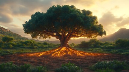 Fototapeta premium Majestic Tree Glowing Roots Landscape Sunset Scene