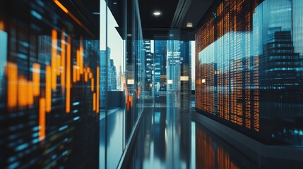 Fototapeta premium Financial Data Display in Modern Office Reflecting Cityscape Scenery
