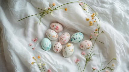 Delicate white linen fabric adorned with pastel-colored Easter eggs and floral embroidery for festive celebrations. Generative AI