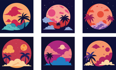 a giant moon with retro colored clouds and glowing