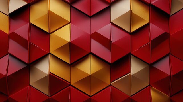 A red and gold patterned background with a gold and red triangle
