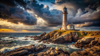 Fototapeta premium Dramatic Lighthouse on Rocky Coast, Cloudy Sky - Stock Photo
