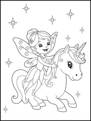 Black and white fairy coloring pages for kids. Children's coloring books with cute cartoon fairy and unicorn characters, fun and educational materials for kindergarten.
