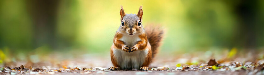 Obraz premium playful squirrel poses on forest path, surrounded by autumn leaves